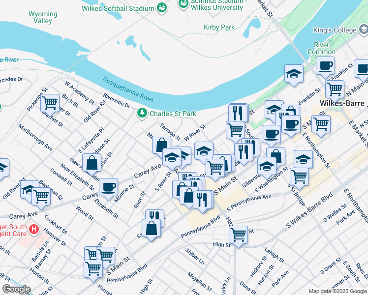 map of restaurants, bars, coffee shops, grocery stores, and more near 158 West River Street in Wilkes-Barre