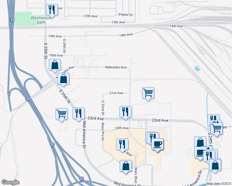 map of restaurants, bars, coffee shops, grocery stores, and more near 3210 21st Avenue in Council Bluffs