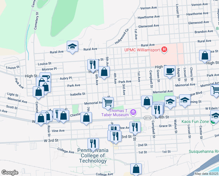 map of restaurants, bars, coffee shops, grocery stores, and more near 646 5th Avenue in Williamsport