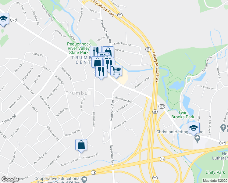 map of restaurants, bars, coffee shops, grocery stores, and more near 3130 Reservoir Avenue in Trumbull