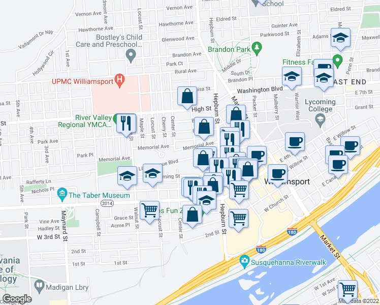 map of restaurants, bars, coffee shops, grocery stores, and more near 450 Little League Boulevard in Williamsport