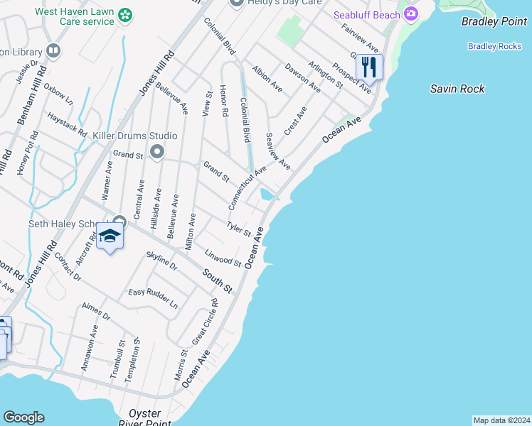 map of restaurants, bars, coffee shops, grocery stores, and more near Ocean Avenue in West Haven