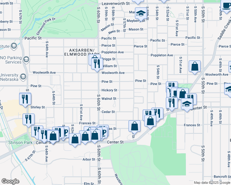 map of restaurants, bars, coffee shops, grocery stores, and more near 5824 Walnut Street in Omaha