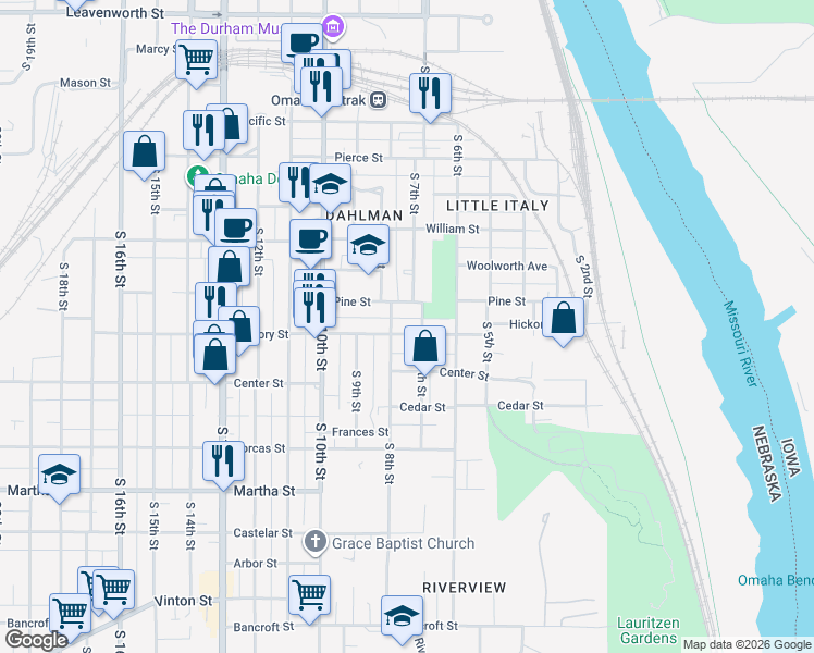 map of restaurants, bars, coffee shops, grocery stores, and more near 710 Hickory Street in Omaha