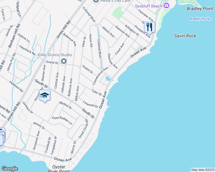 map of restaurants, bars, coffee shops, grocery stores, and more near 2 Baycrest Drive in West Haven