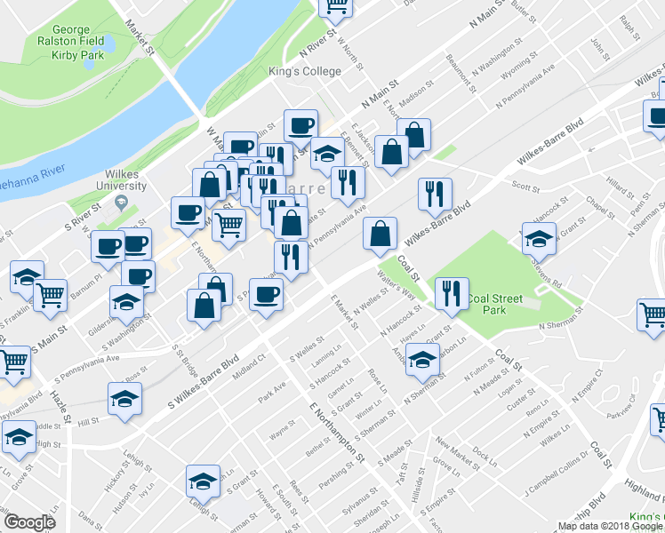 map of restaurants, bars, coffee shops, grocery stores, and more near 100 South Wilkes-Barre Boulevard in Wilkes-Barre