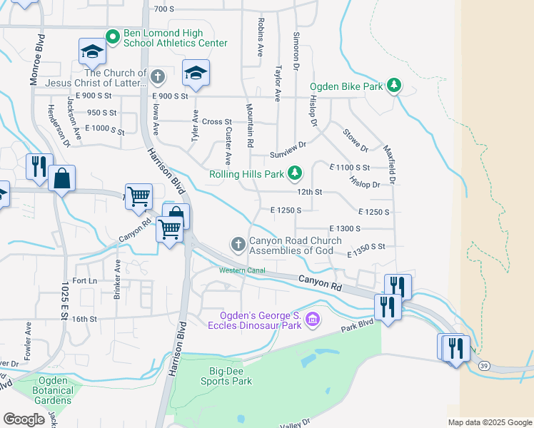 map of restaurants, bars, coffee shops, grocery stores, and more near 1421 East 1250 South in Ogden
