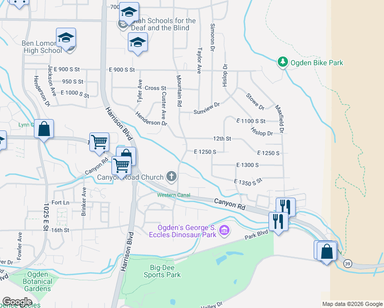 map of restaurants, bars, coffee shops, grocery stores, and more near 1421 East 1250 South in Ogden