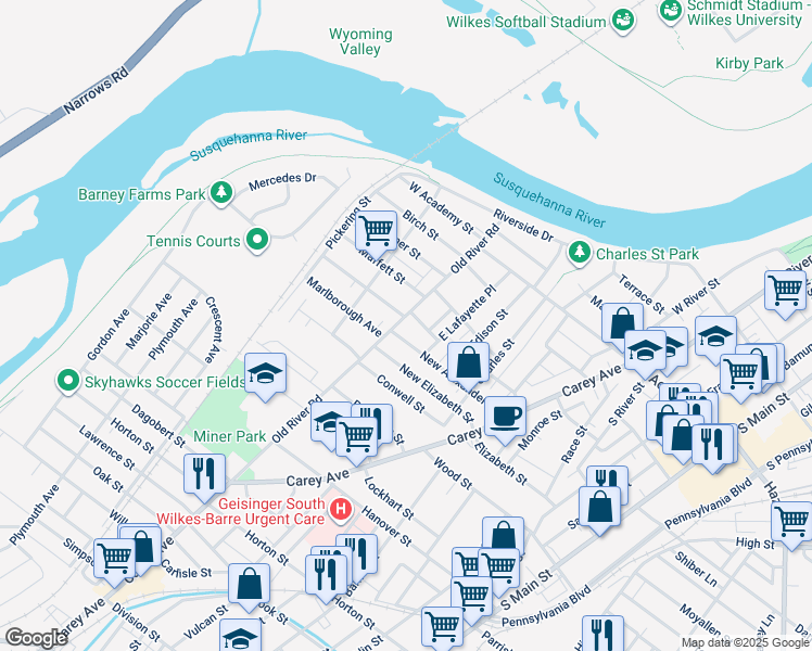 map of restaurants, bars, coffee shops, grocery stores, and more near 162 Old River Road in Wilkes-Barre