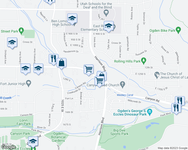 map of restaurants, bars, coffee shops, grocery stores, and more near 12th St & Canyon Rd in Ogden
