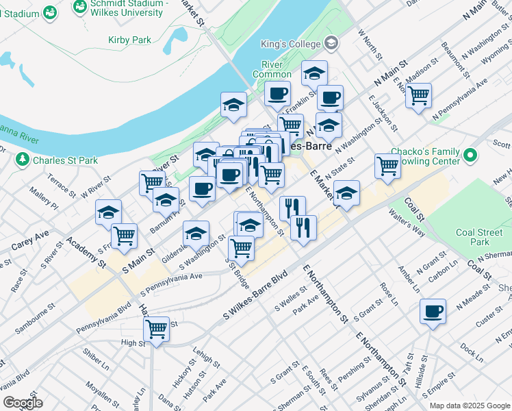 map of restaurants, bars, coffee shops, grocery stores, and more near 61 East Northampton Street in Wilkes-Barre
