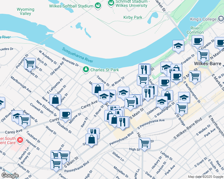 map of restaurants, bars, coffee shops, grocery stores, and more near 377 South River Street in Wilkes-Barre