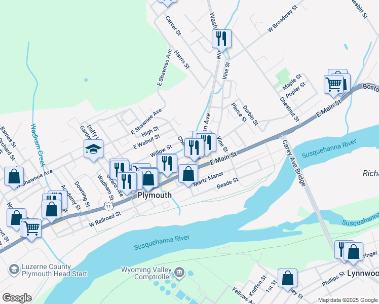map of restaurants, bars, coffee shops, grocery stores, and more near 101-107 East Main Street in Plymouth