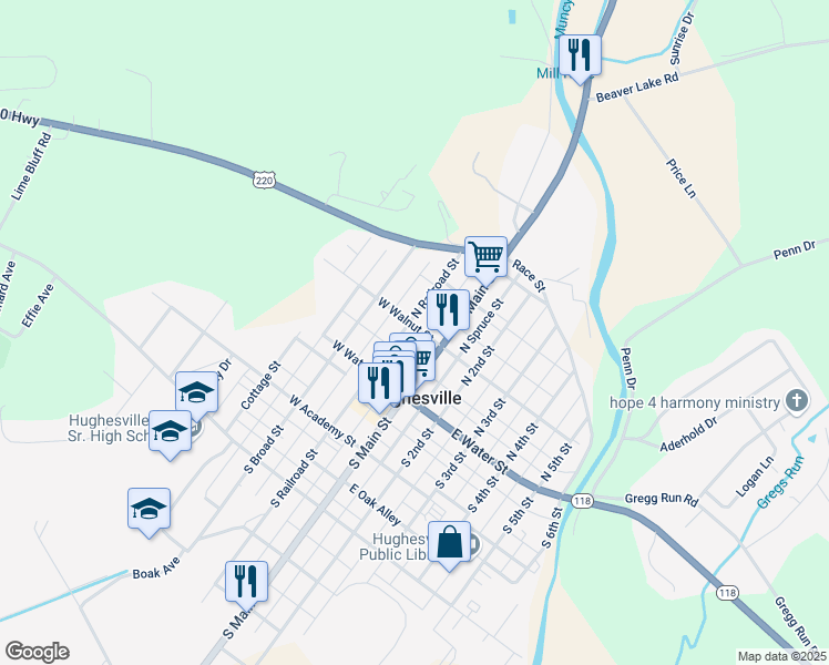 map of restaurants, bars, coffee shops, grocery stores, and more near 75 North Main Street in Hughesville