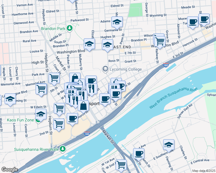 map of restaurants, bars, coffee shops, grocery stores, and more near in Williamsport