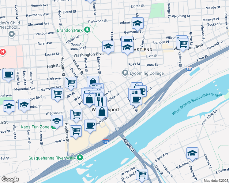 map of restaurants, bars, coffee shops, grocery stores, and more near 125 East 3rd Street in Williamsport