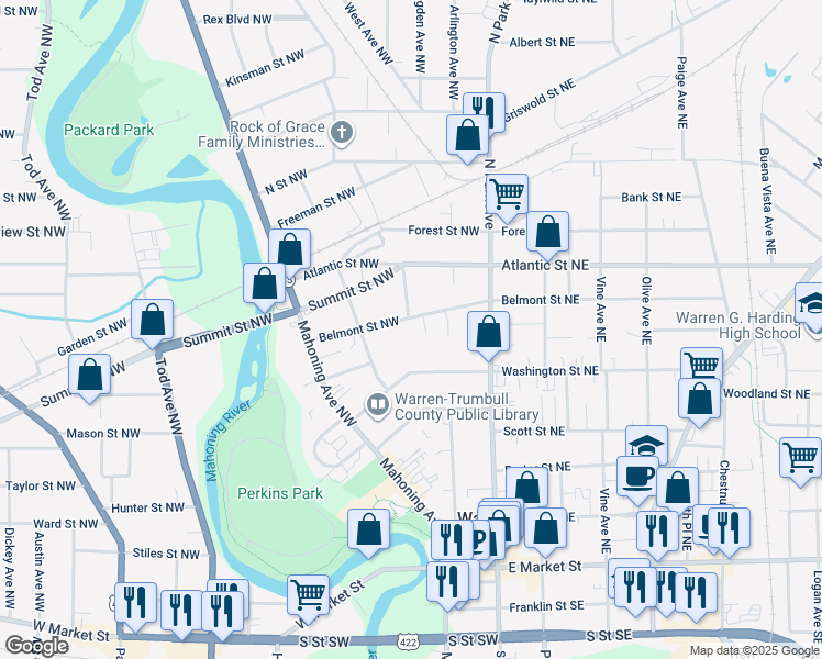 map of restaurants, bars, coffee shops, grocery stores, and more near 254 Washington Street Northwest in Niles