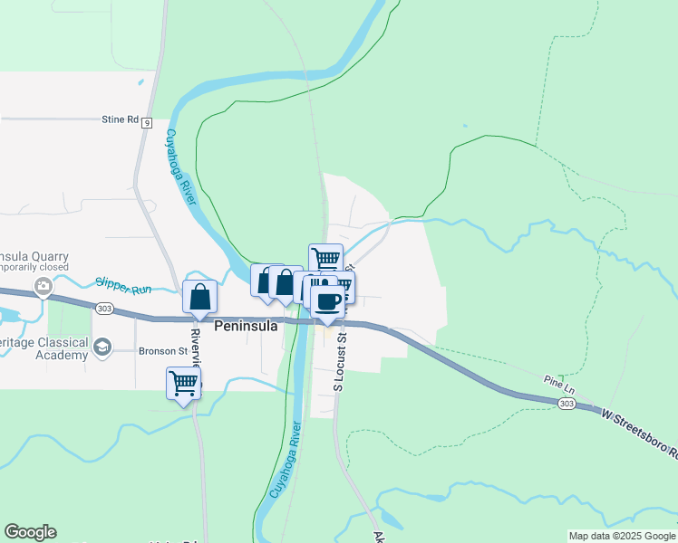 map of restaurants, bars, coffee shops, grocery stores, and more near 6109 North Locust Street in Peninsula