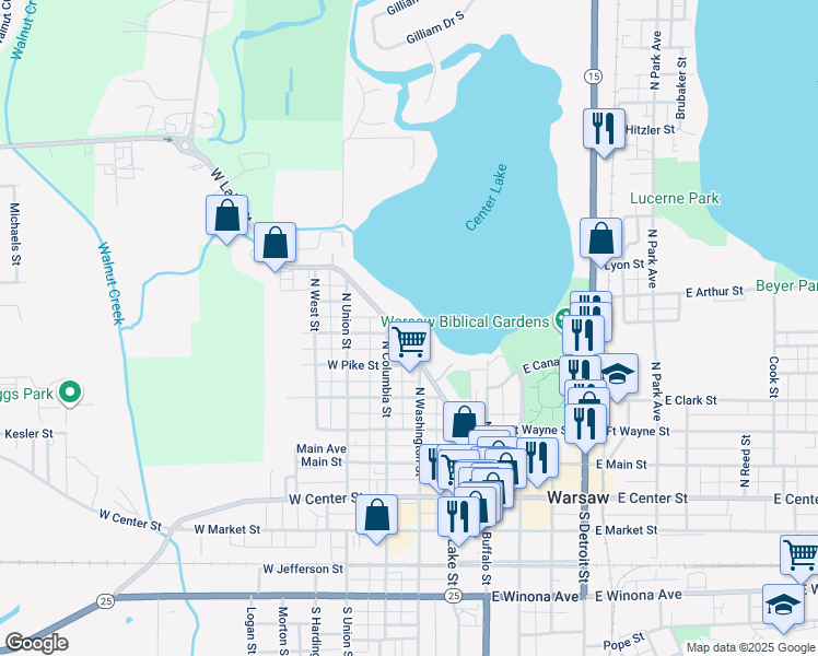 map of restaurants, bars, coffee shops, grocery stores, and more near 521 North Lake Street in Warsaw