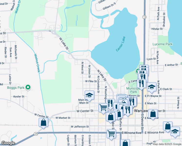 map of restaurants, bars, coffee shops, grocery stores, and more near 417 Perry Street in Warsaw