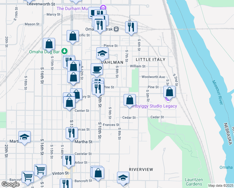 map of restaurants, bars, coffee shops, grocery stores, and more near 1713 South 8th Street in Omaha