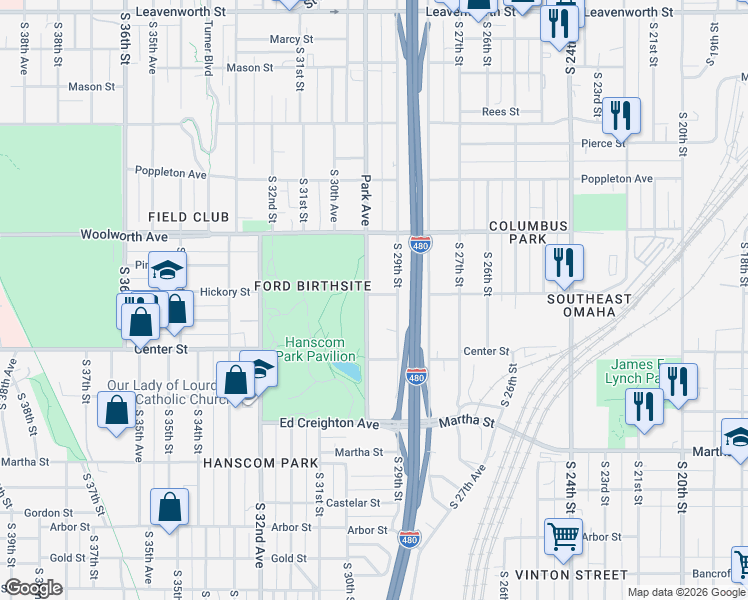 map of restaurants, bars, coffee shops, grocery stores, and more near 1722 South 29th Street in Omaha