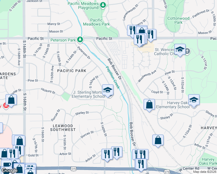map of restaurants, bars, coffee shops, grocery stores, and more near 16029 Hickory Street in Omaha