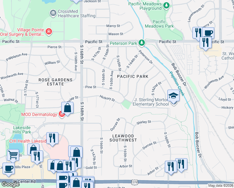 map of restaurants, bars, coffee shops, grocery stores, and more near 16505 Hickory Street in Omaha