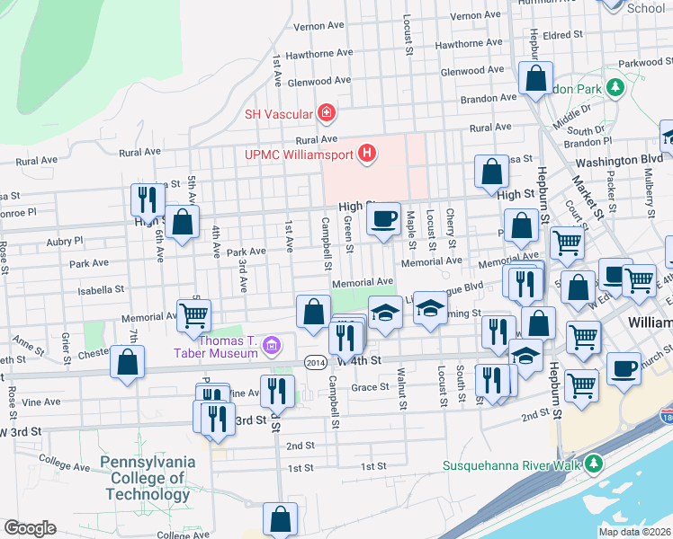map of restaurants, bars, coffee shops, grocery stores, and more near 617 Campbell Street in Williamsport