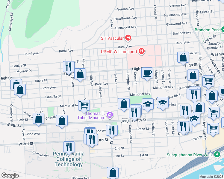 map of restaurants, bars, coffee shops, grocery stores, and more near 617 1st Avenue in Williamsport