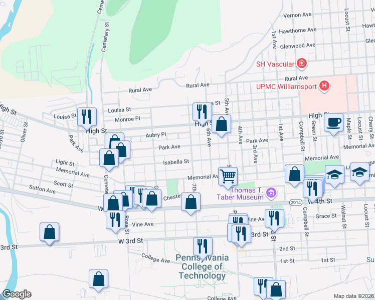 map of restaurants, bars, coffee shops, grocery stores, and more near 638 7th Avenue in Williamsport