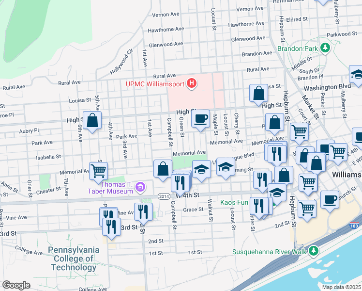 map of restaurants, bars, coffee shops, grocery stores, and more near 763-779 Memorial Avenue in Williamsport
