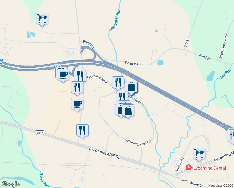 map of restaurants, bars, coffee shops, grocery stores, and more near 1498 Lycoming Mall Circle in Muncy