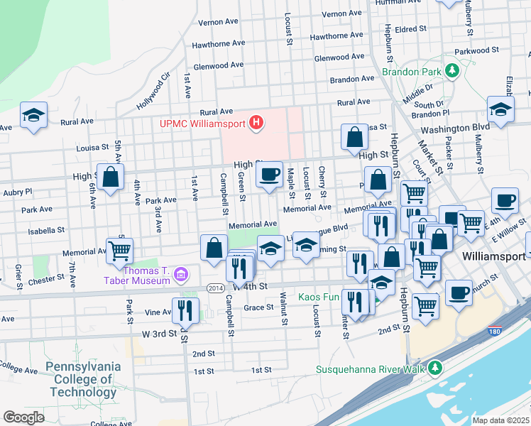 map of restaurants, bars, coffee shops, grocery stores, and more near 614 Spruce Street in Williamsport