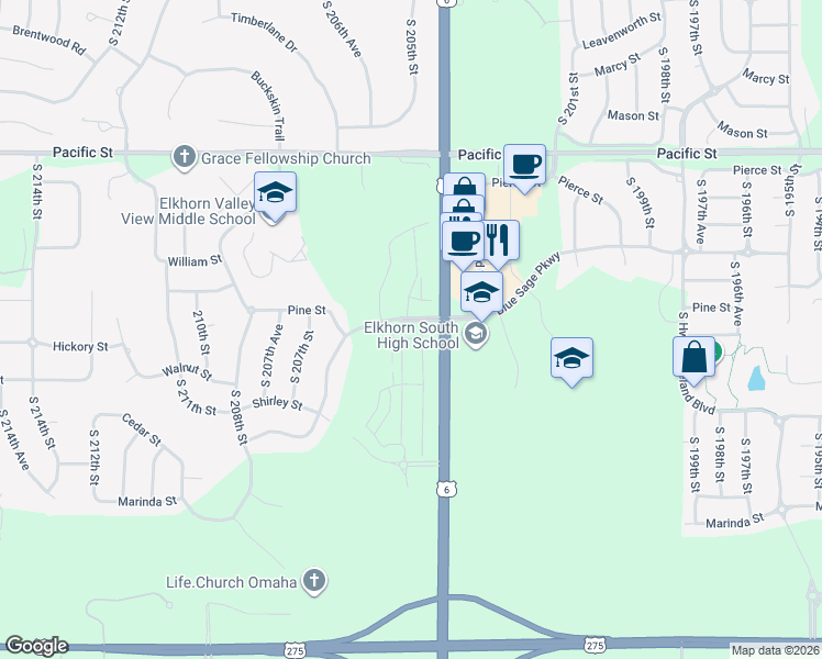 map of restaurants, bars, coffee shops, grocery stores, and more near 1818 South 204th Street in Douglas County