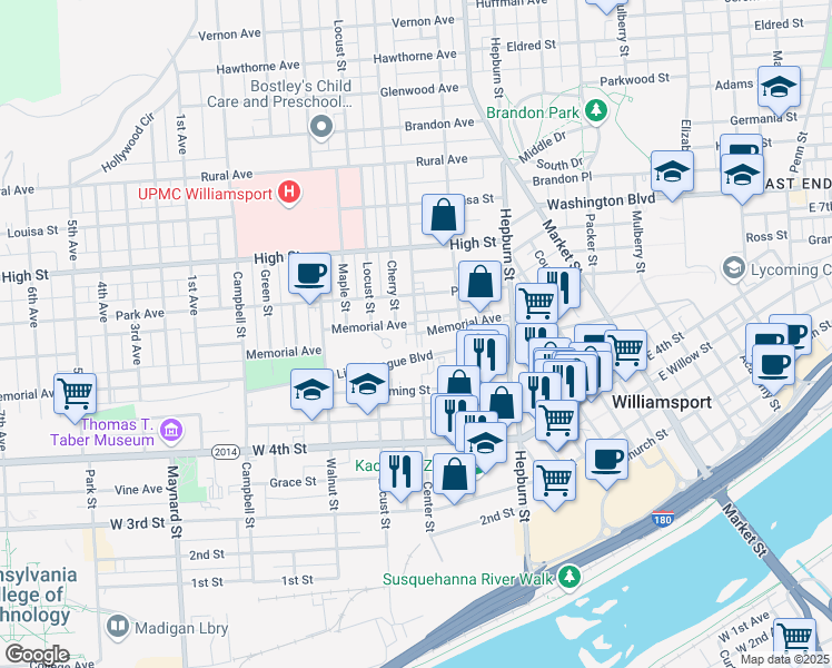 map of restaurants, bars, coffee shops, grocery stores, and more near Center Street in Williamsport