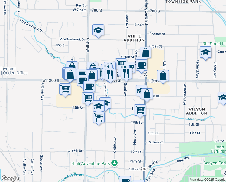 map of restaurants, bars, coffee shops, grocery stores, and more near 217 13th Street in Ogden