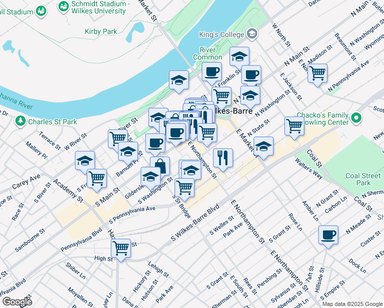 map of restaurants, bars, coffee shops, grocery stores, and more near 141 South Washington Street in Wilkes-Barre