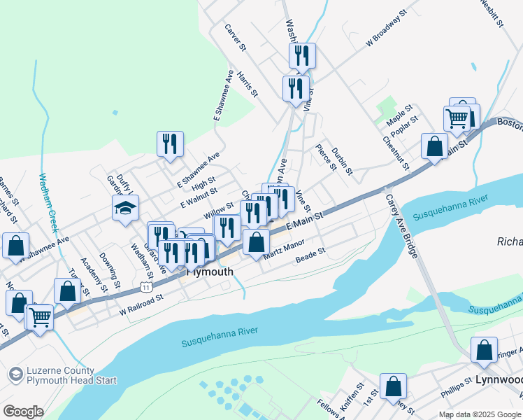 map of restaurants, bars, coffee shops, grocery stores, and more near 101-107 East Main Street in Plymouth