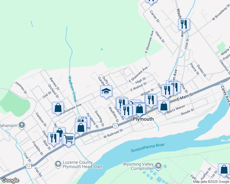 map of restaurants, bars, coffee shops, grocery stores, and more near 16 West Walnut Street in Plymouth