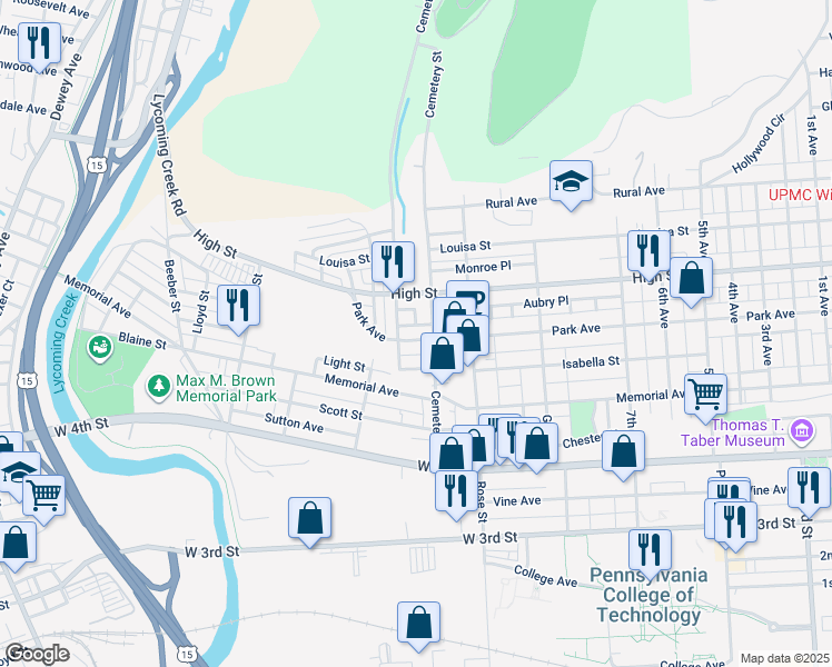 map of restaurants, bars, coffee shops, grocery stores, and more near 630 Wildwood Boulevard in Williamsport