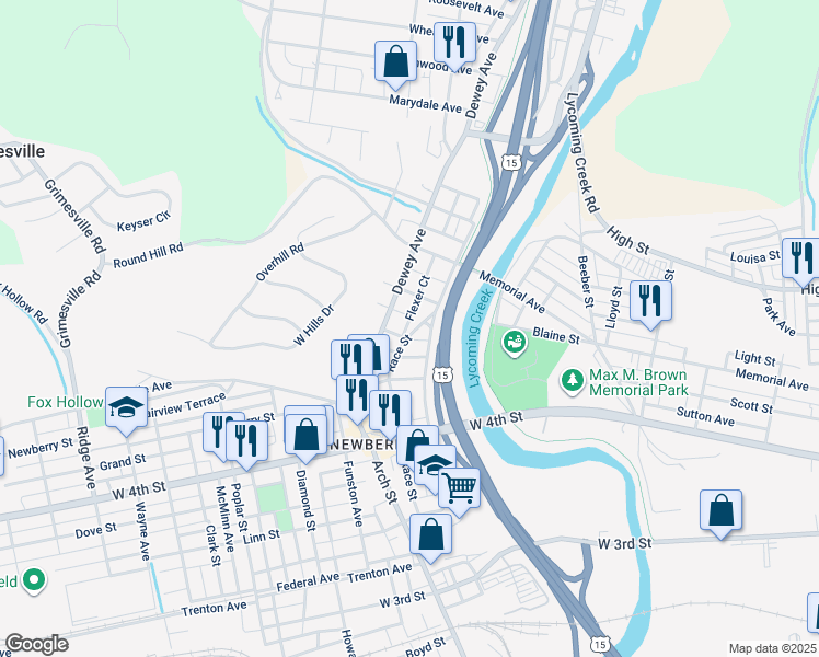 map of restaurants, bars, coffee shops, grocery stores, and more near 1019-1069 Arnold St in Williamsport