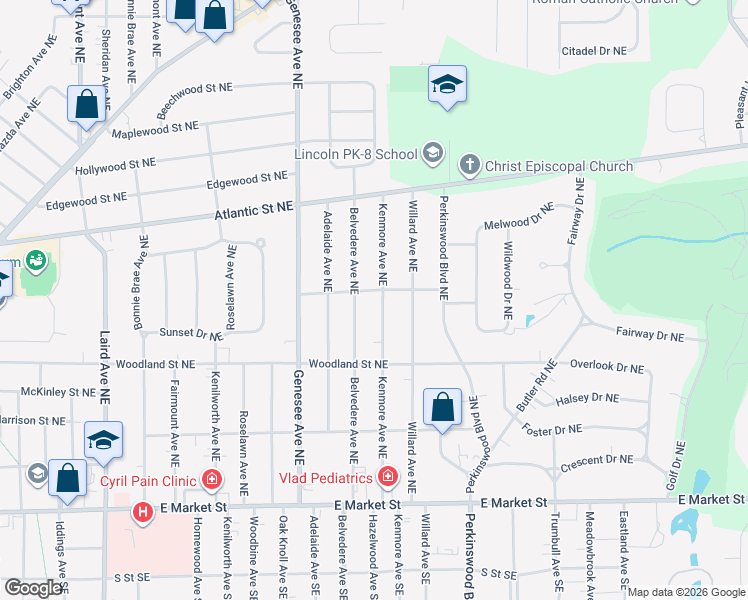map of restaurants, bars, coffee shops, grocery stores, and more near 596 Kenmore Avenue Northeast in Warren
