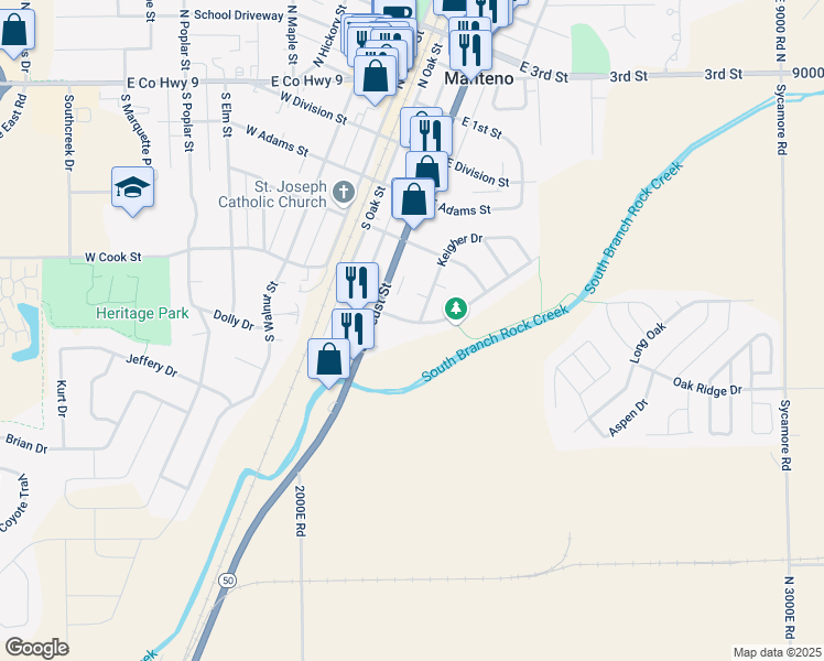 map of restaurants, bars, coffee shops, grocery stores, and more near 8201 2000E Road in Manteno