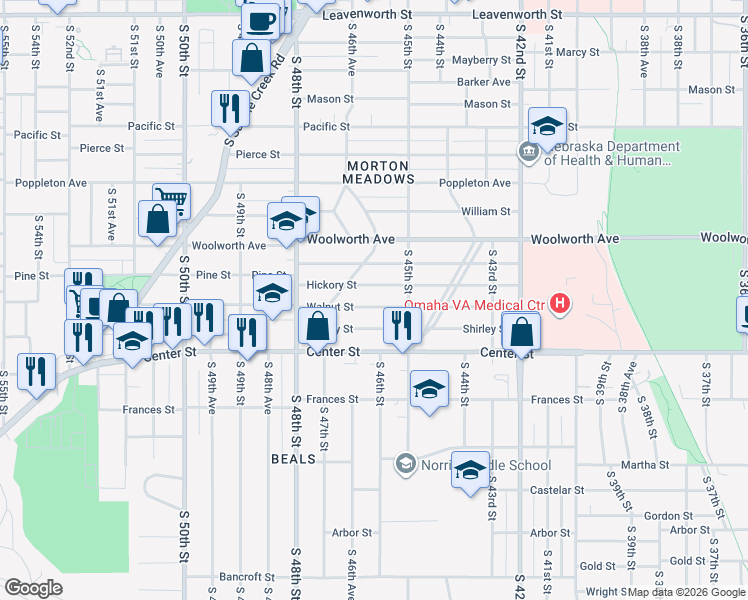 map of restaurants, bars, coffee shops, grocery stores, and more near 4532 Shirley Street in Omaha
