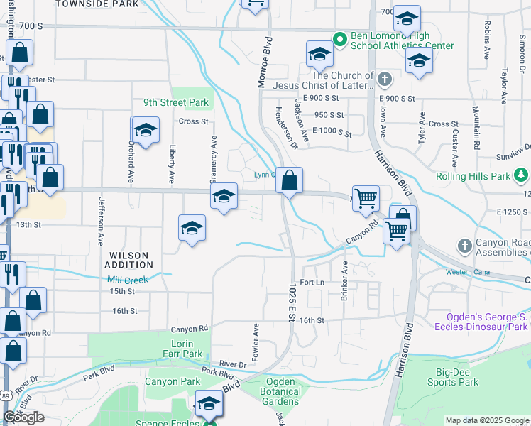 map of restaurants, bars, coffee shops, grocery stores, and more near 1242 South 950 East in Ogden