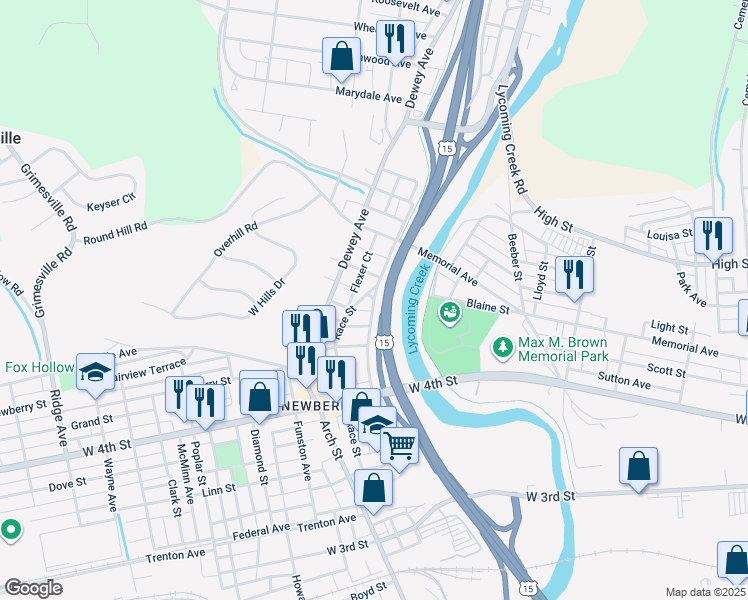 map of restaurants, bars, coffee shops, grocery stores, and more near 1069 Arnold Street in Williamsport