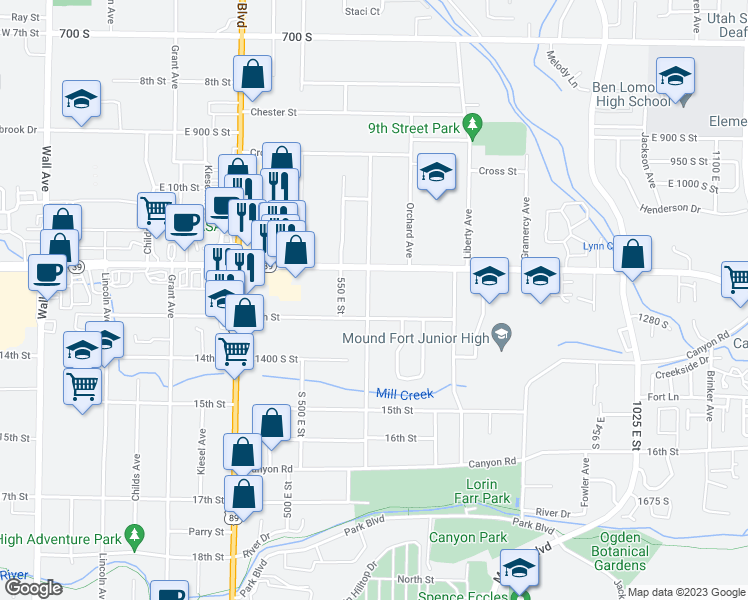 map of restaurants, bars, coffee shops, grocery stores, and more near 1242 600 East Street in Ogden