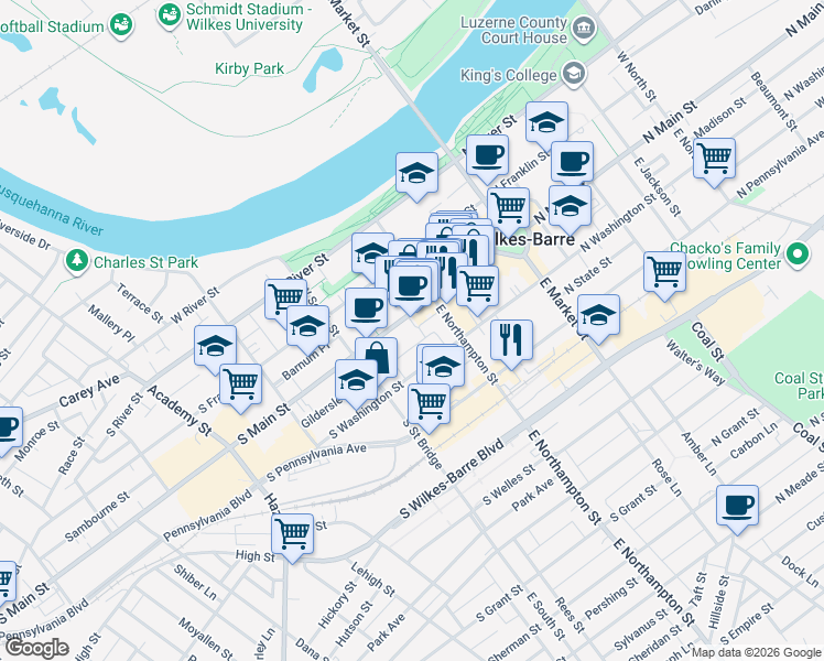map of restaurants, bars, coffee shops, grocery stores, and more near 141 South Washington Street in Wilkes-Barre