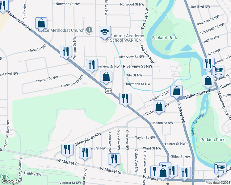 map of restaurants, bars, coffee shops, grocery stores, and more near 1240 U.S. 422 in Warren